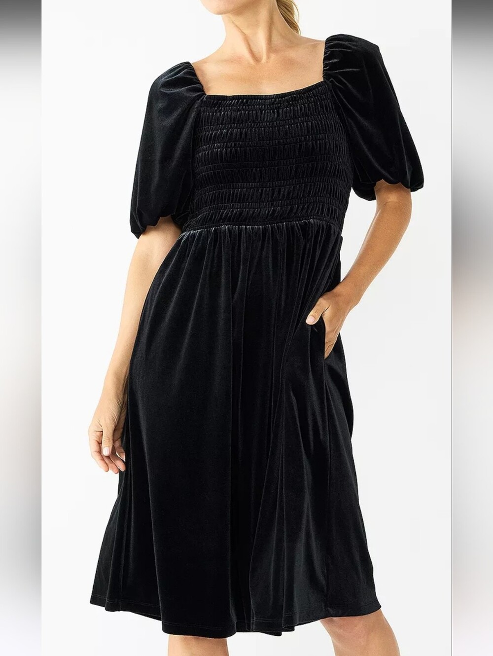 NWT Black Velvet Smocked Puff Sleeve Dress Pockets Draper James RSVP Women's XXL